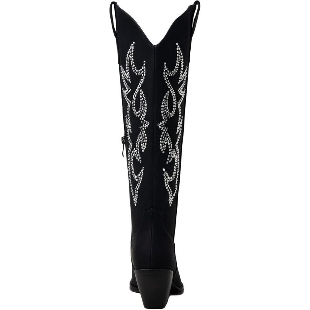 Women Faux Leather Black & Rhinestone Knee High Pointed Toe Chunky Heel Boot - Picture 3 of 5